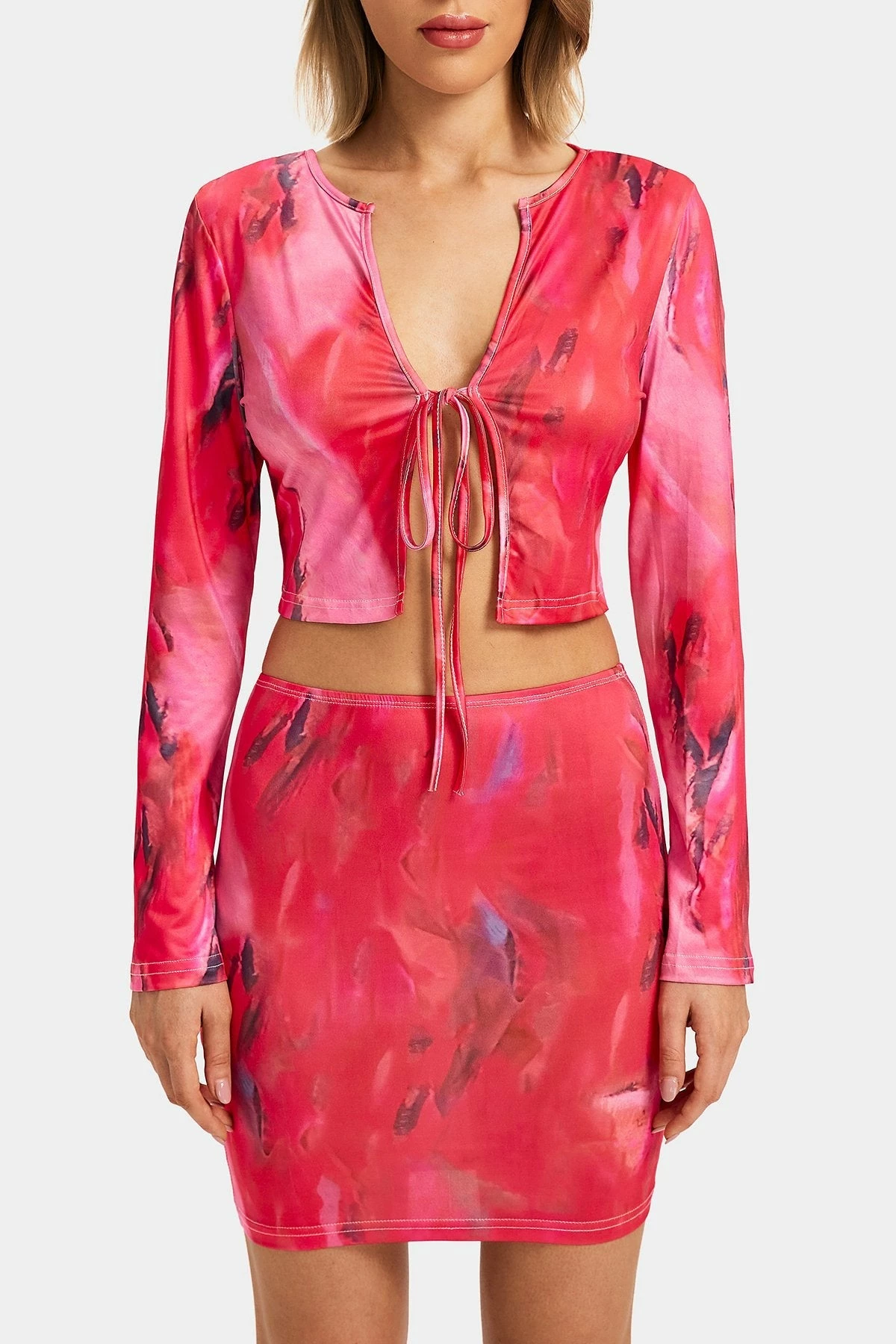 Solado Tie Front Long Sleeve Top & Abstract Print Skirt Set 6 Solado Tie Front Long Sleeve Top & Abstract Print Skirt Set - Image 6
