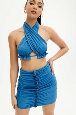 Solado Halter Neck Backless Crop Top & Frill Trim Ruched Skirt Set