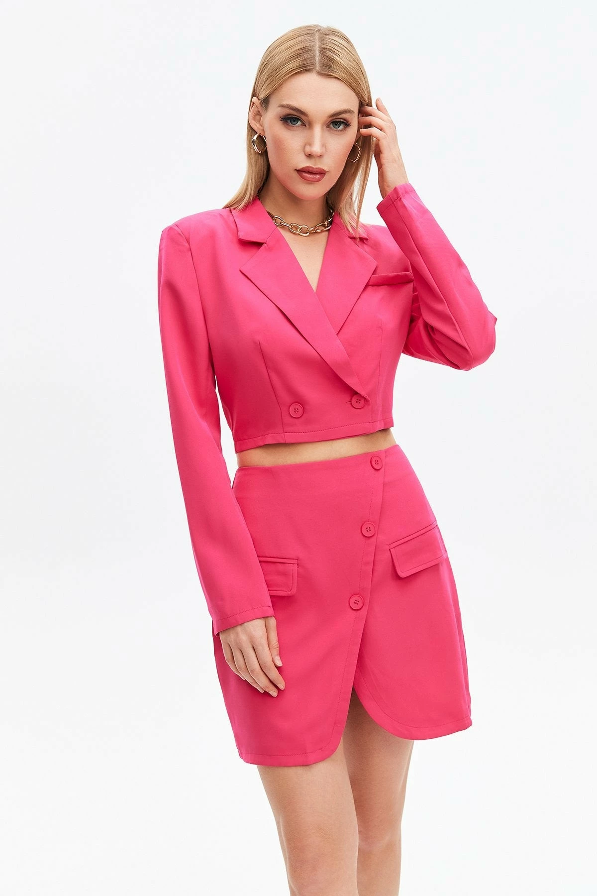 Solado Flap Neck Crop Blazer & Flap Pocket Split Skirts Set 1 Solado Flap Neck Crop Blazer & Flap Pocket Split Skirts Set