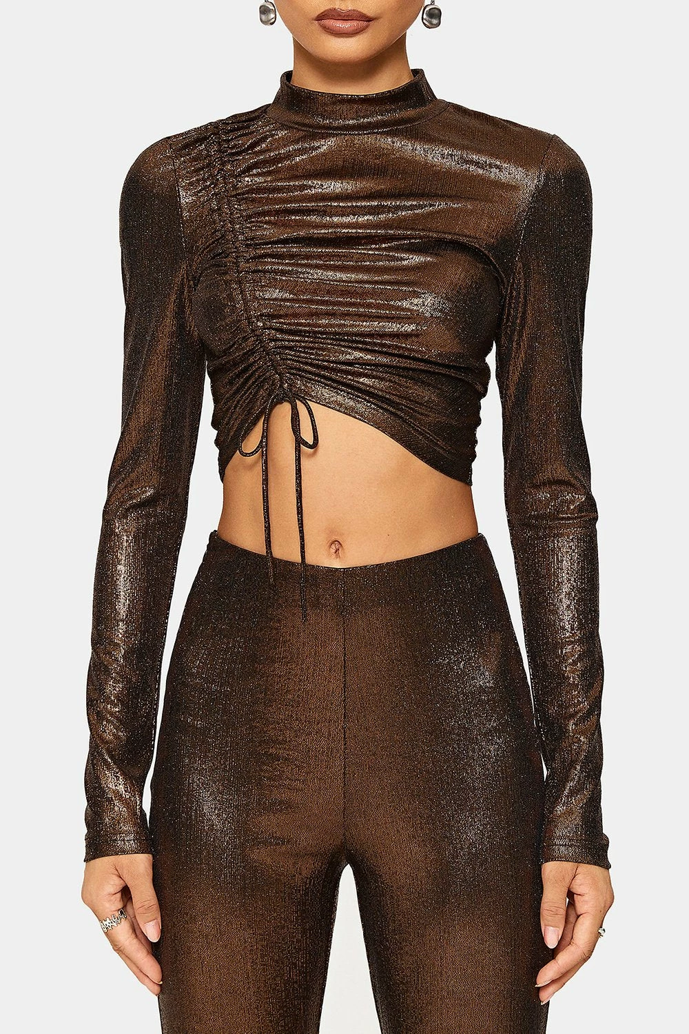 SOLADO Mock Neck Drawstring Ruched Sheen Long Sleeve Top 6 SOLADO Mock Neck Drawstring Ruched Sheen Long Sleeve Top - Image 6
