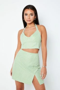 Solado Halter Neck Check Print Crop Top & Split Hem Skirt Set