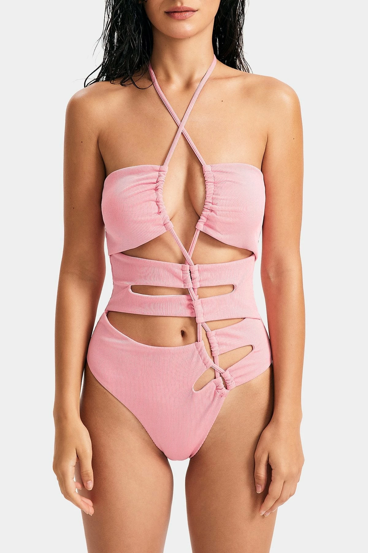 Solado Halter Neck Drawstring Ruched Ribbed One-piece Swimsuit 6 Solado Halter Neck Drawstring Ruched Ribbed One-piece Swimsuit - Image 6