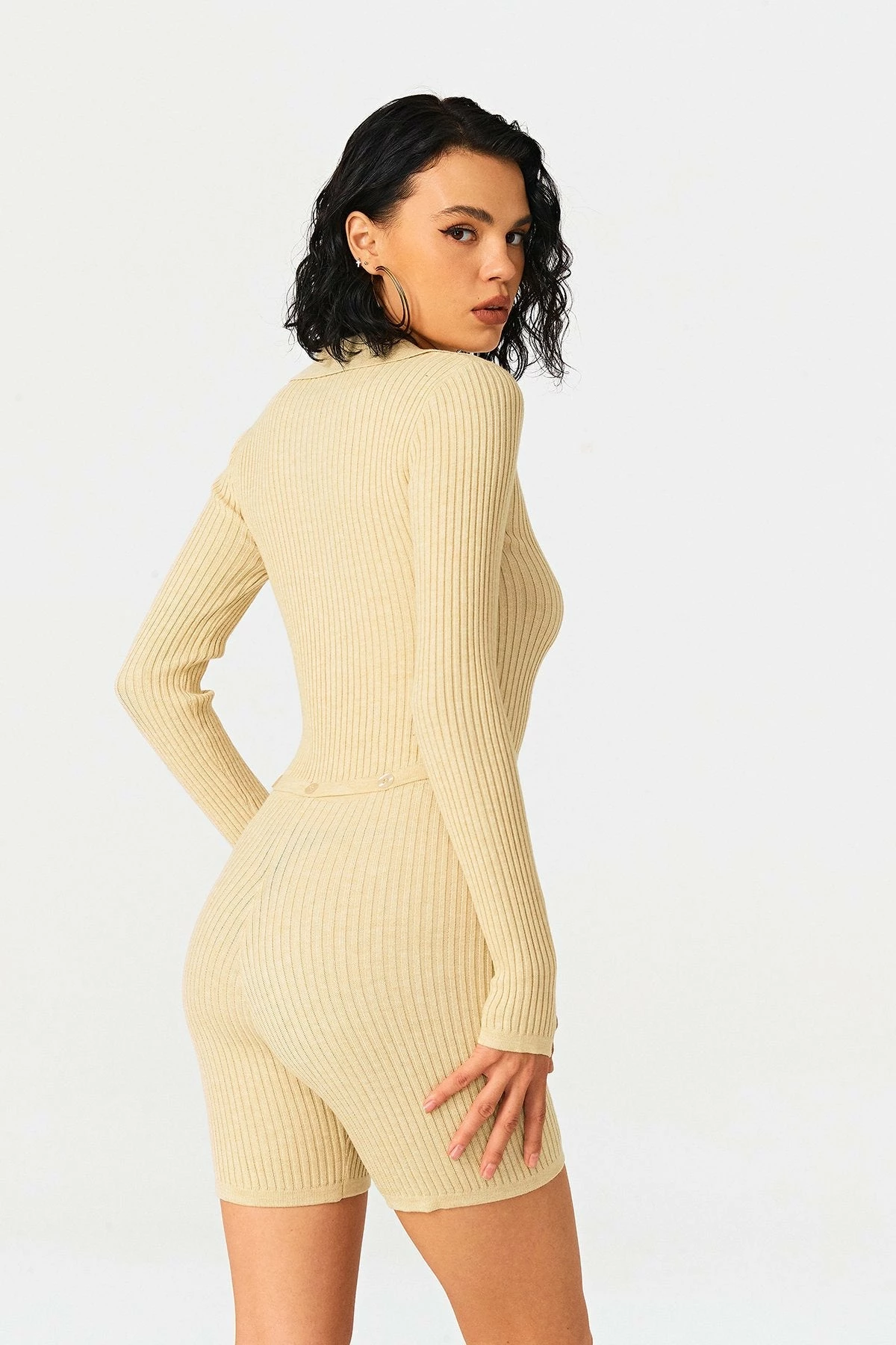 Solado Plunging Neck Long Sleeve Top & Stripe Knitted Shorts Set 3 Solado Plunging Neck Long Sleeve Top & Stripe Knitted Shorts Set - Image 3