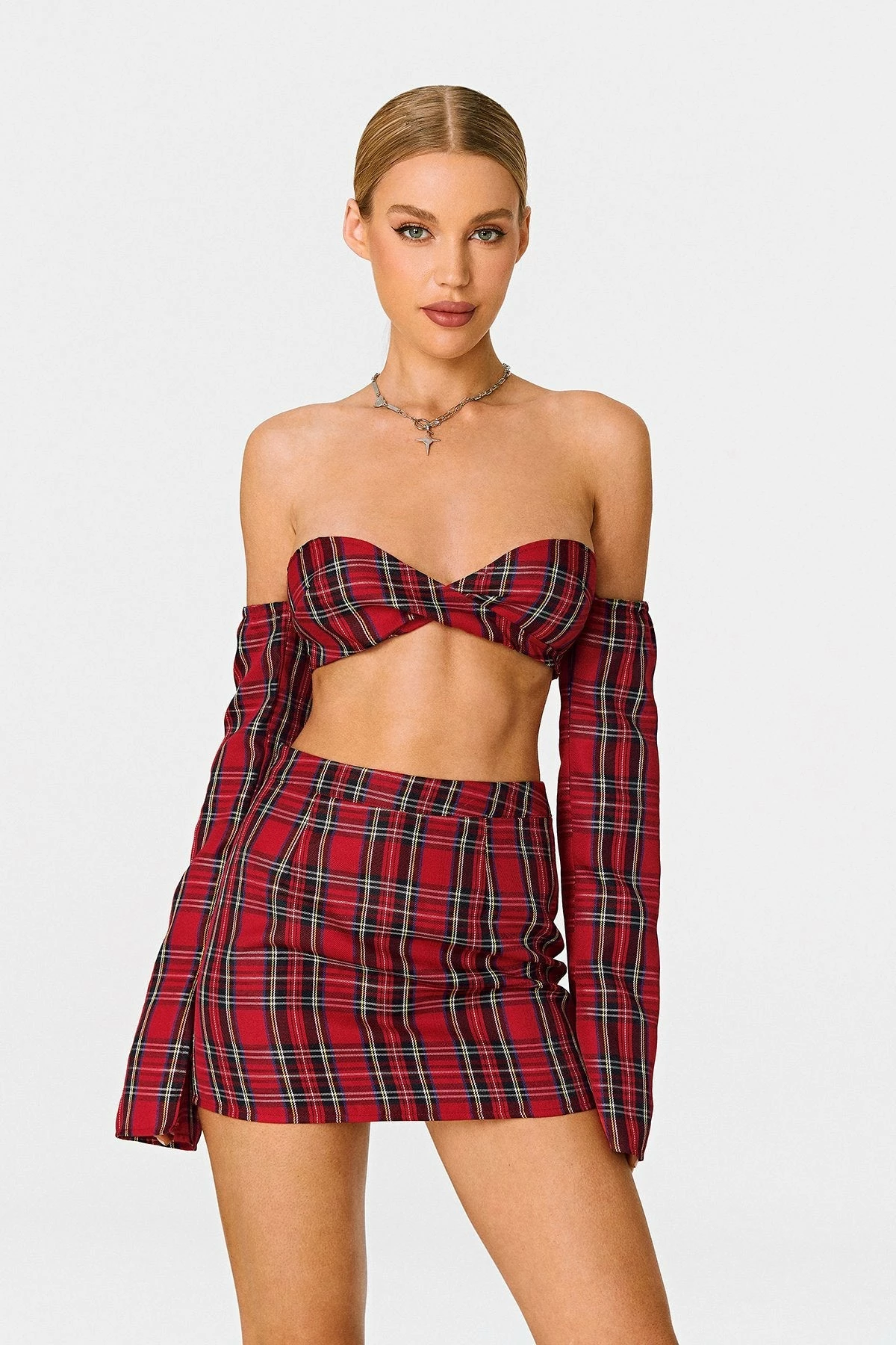 SOLADO Scottish Plaid Off Shoulder Twist Front Crop Top With Oversleeve 2 SOLADO Scottish Plaid Off Shoulder Twist Front Crop Top With Oversleeve - Image 2