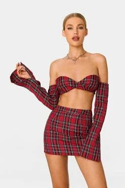 SOLADO Scottish Plaid Off Shoulder Twist Front Crop Top With Oversleeve