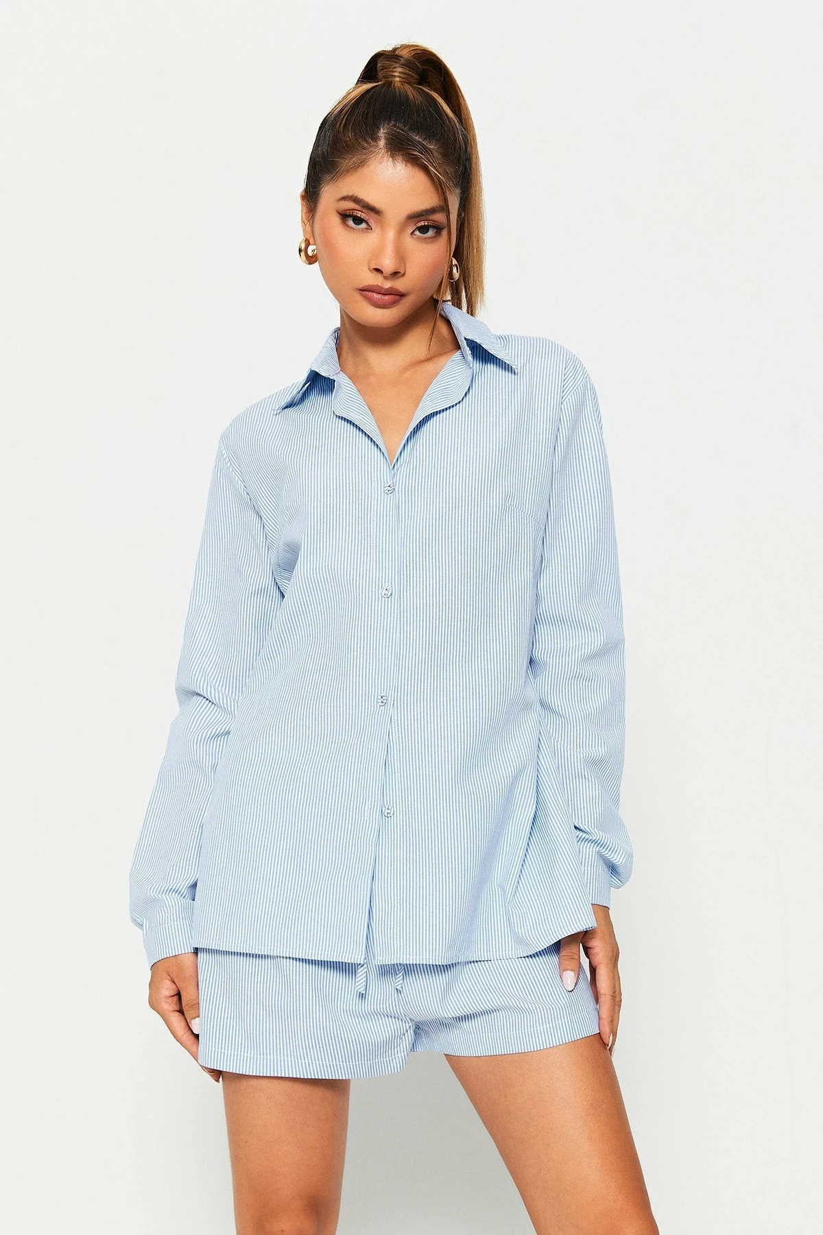 Solado Lapel Neck Long Sleeve Shirt & Stripe Print Shorts Set 3 Solado Lapel Neck Long Sleeve Shirt & Stripe Print Shorts Set - Image 3