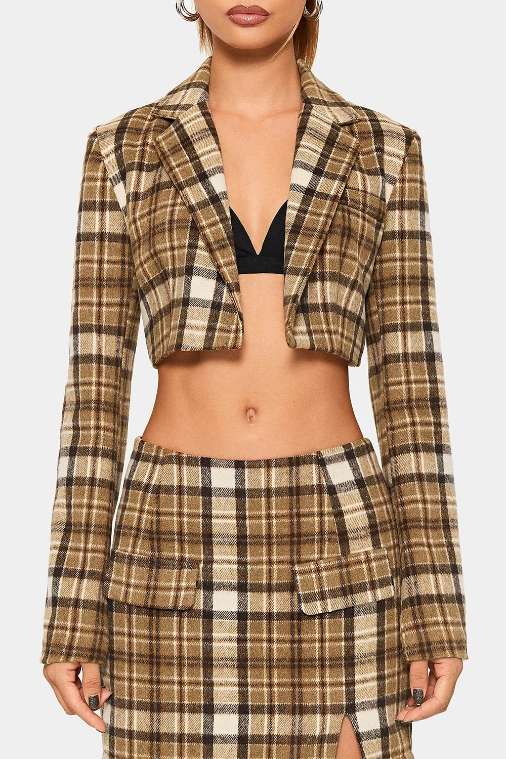 SOLADO Lapel Neck Check Print Long Sleeve Crop Blazer 6 SOLADO Lapel Neck Check Print Long Sleeve Crop Blazer - Image 6