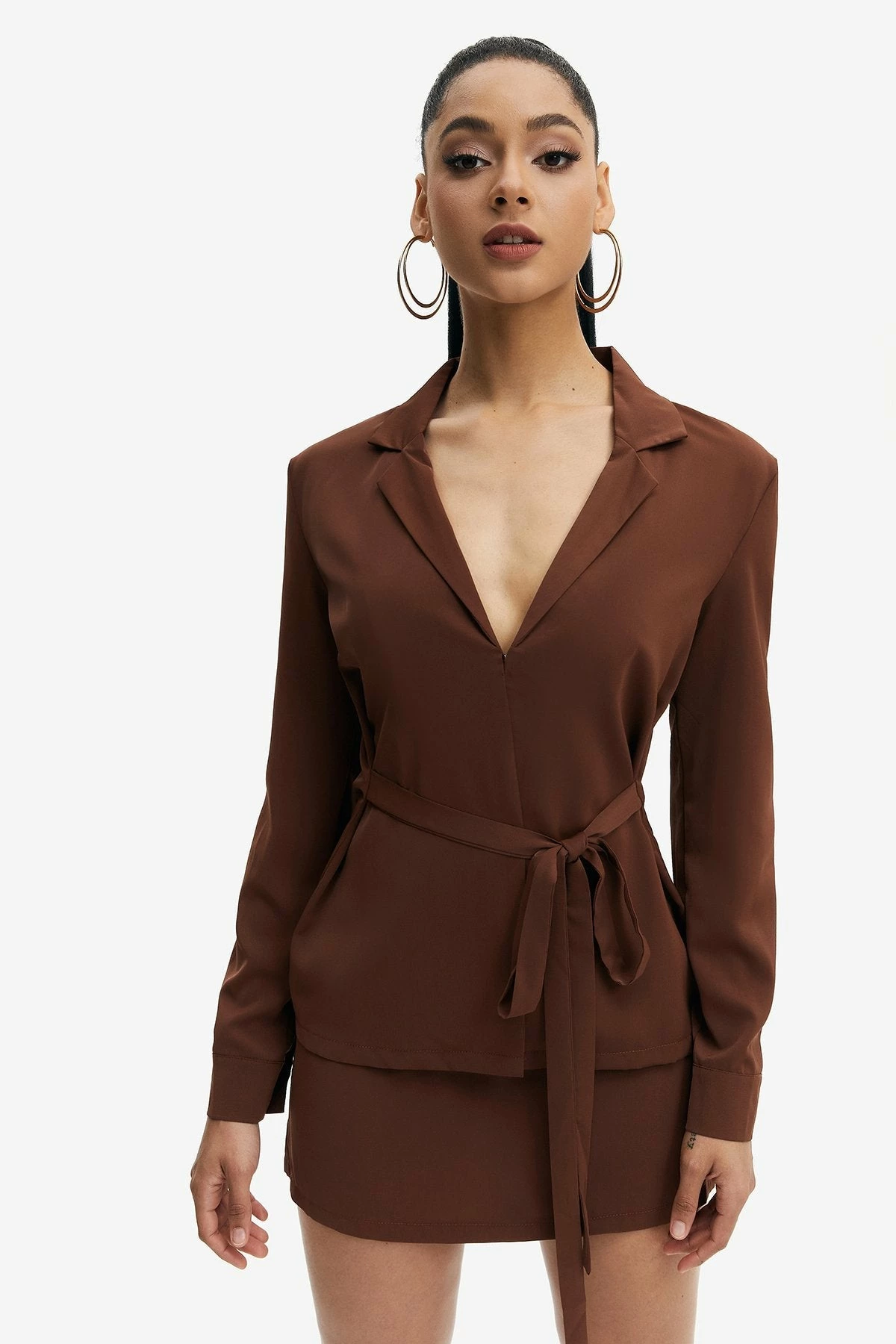 Solado Lapel Neck Long Sleeve Top & High Waist Solid Skirt Set 1 Solado Lapel Neck Long Sleeve Top & High Waist Solid Skirt Set