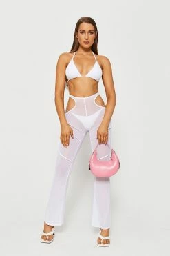 Solado Halter Neck Open Back Top & Cut Out Mesh Pants Set With Panty