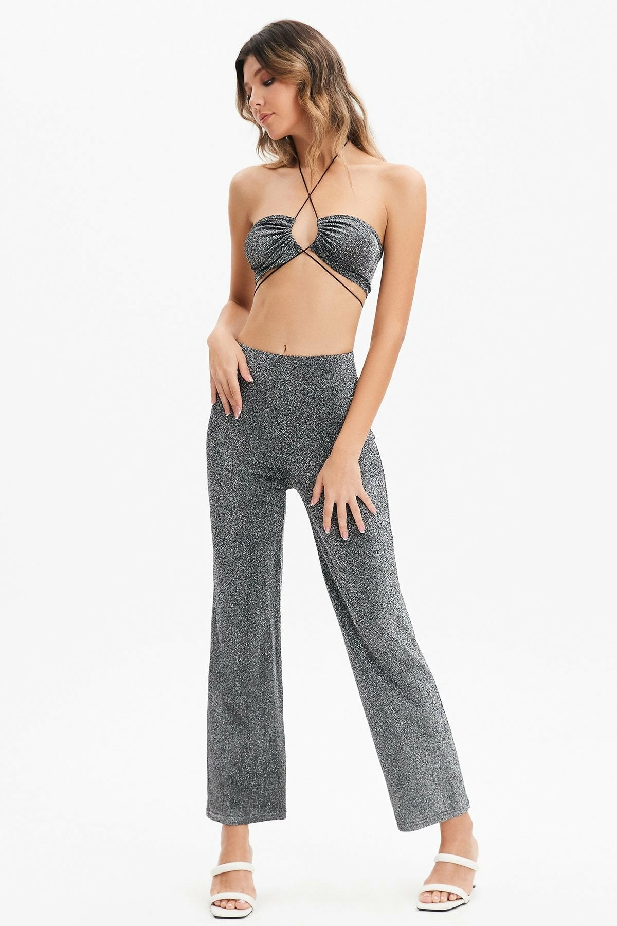 Solado Halter Neck Backless Crop Top & Lurex Straight Pants Set 1 Solado Halter Neck Backless Crop Top & Lurex Straight Pants Set