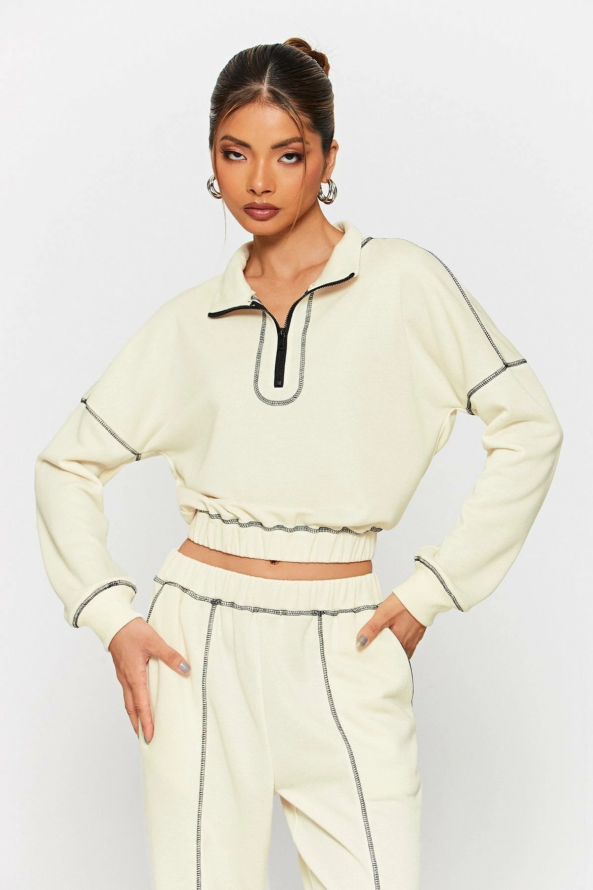 SOLADO Half Zipper Top-stitching Cinched Waist Sweater 2 SOLADO Half Zipper Top-stitching Cinched Waist Sweater - Image 2