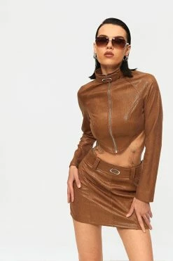 Solado Stand Neck Asymmetrical Hem PU Leather Coat