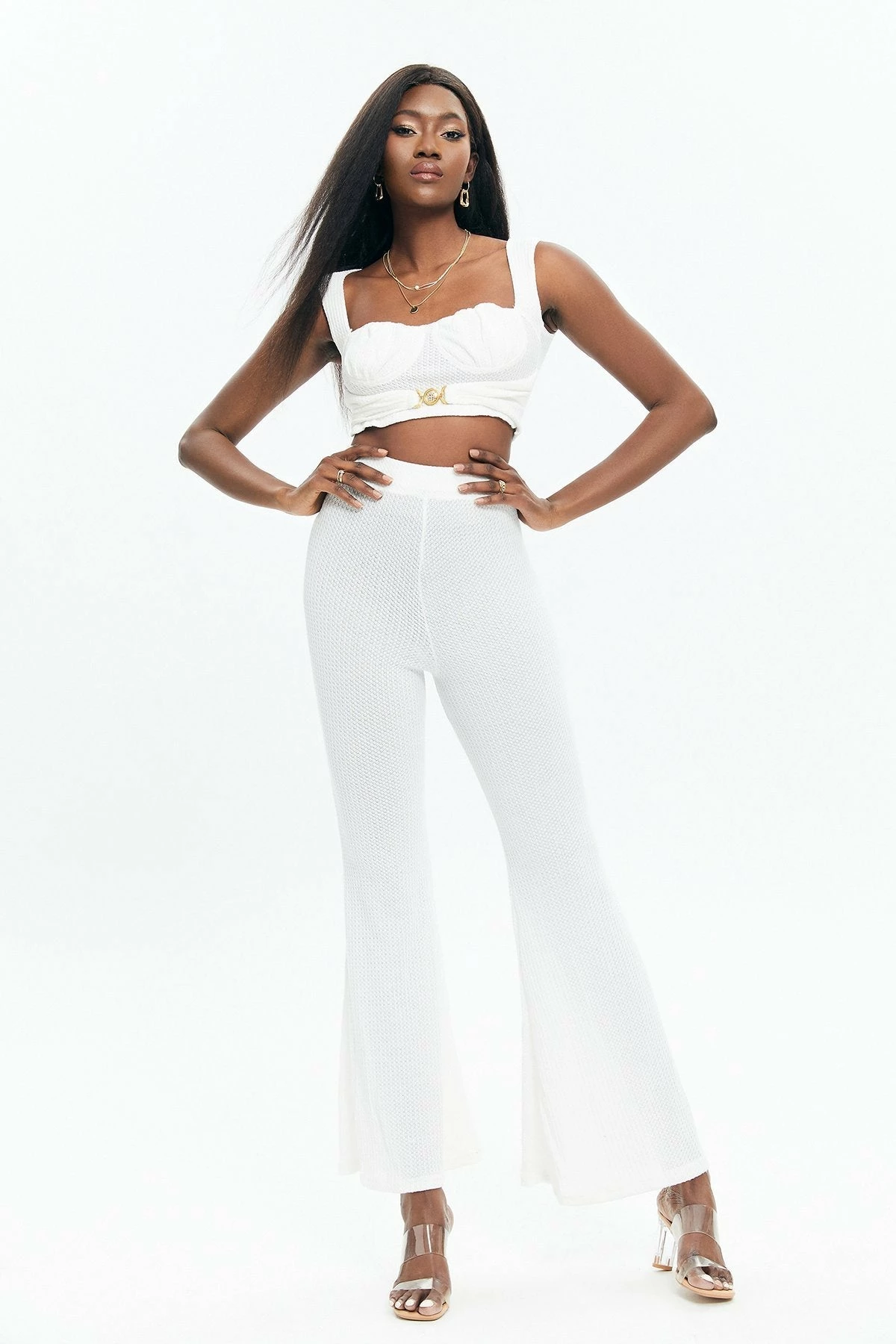 Solado Waffle Knit Crop Top & High Waist Flared Pants Set 1 Solado Waffle Knit Crop Top & High Waist Flared Pants Set