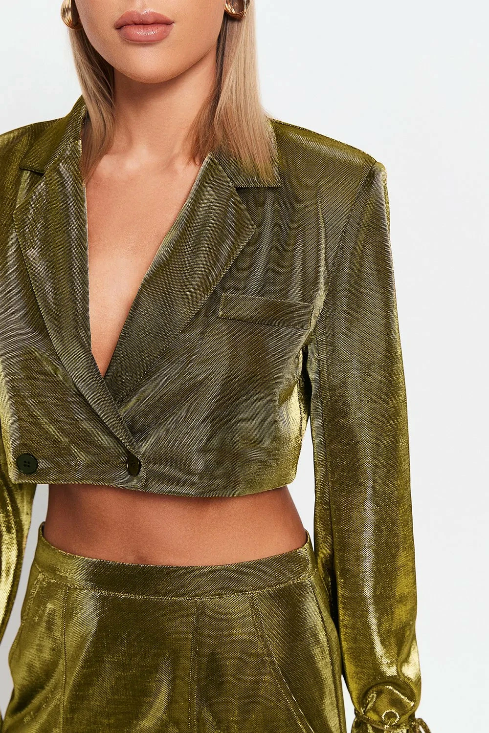 SOLADO Plunging Neck Tie Sleeve Sheen Crop Coat 5 SOLADO Plunging Neck Tie Sleeve Sheen Crop Coat - Image 5