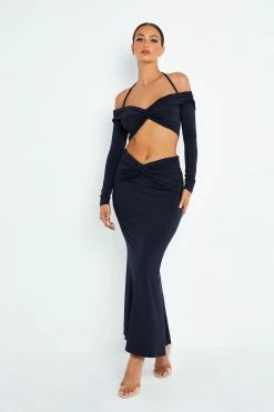 SOLADO Twist Front Cold Shoulder Crop Top & Split Hem Skirt Set