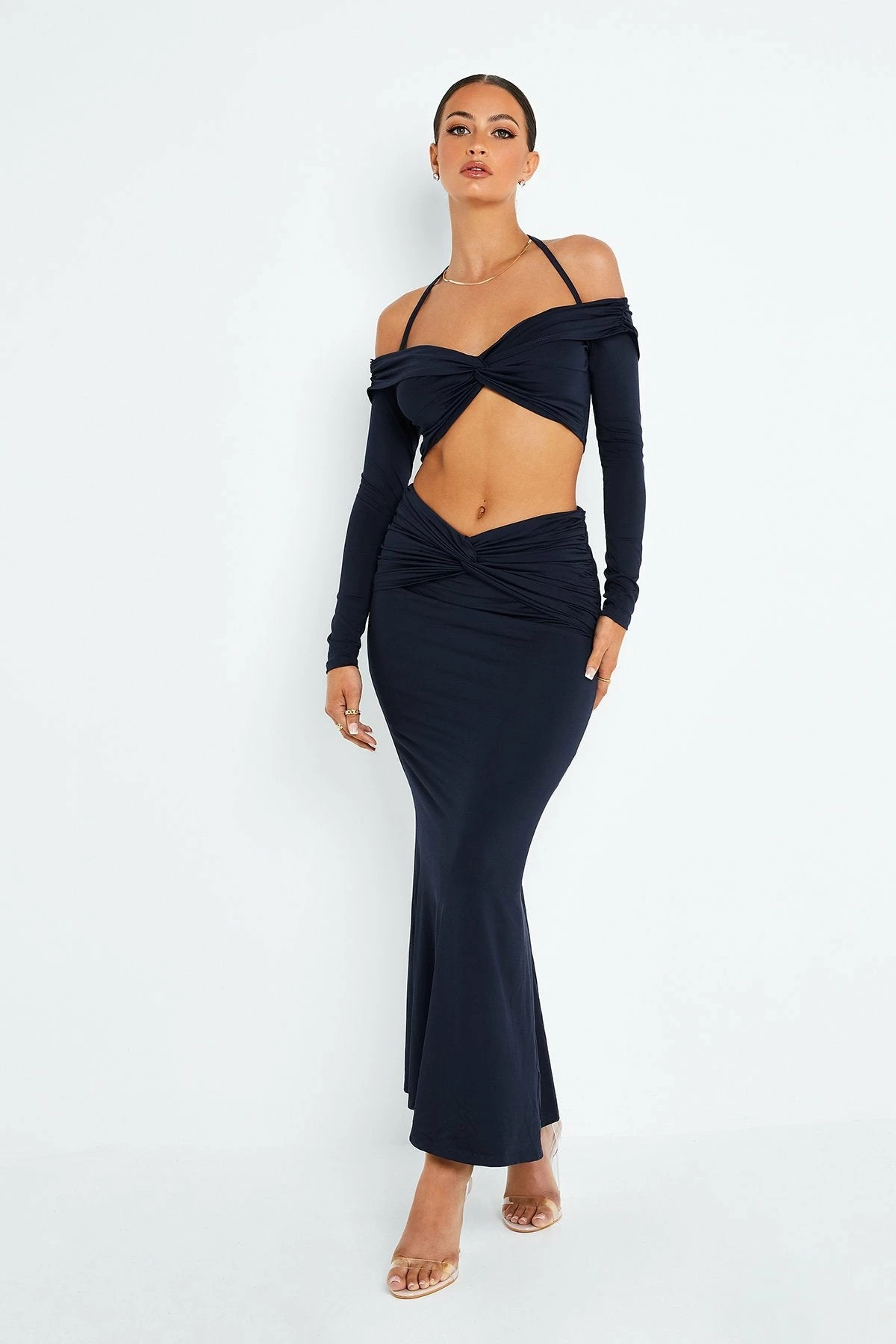 SOLADO Twist Front Cold Shoulder Crop Top & Split Hem Skirt Set 1 SOLADO Twist Front Cold Shoulder Crop Top & Split Hem Skirt Set