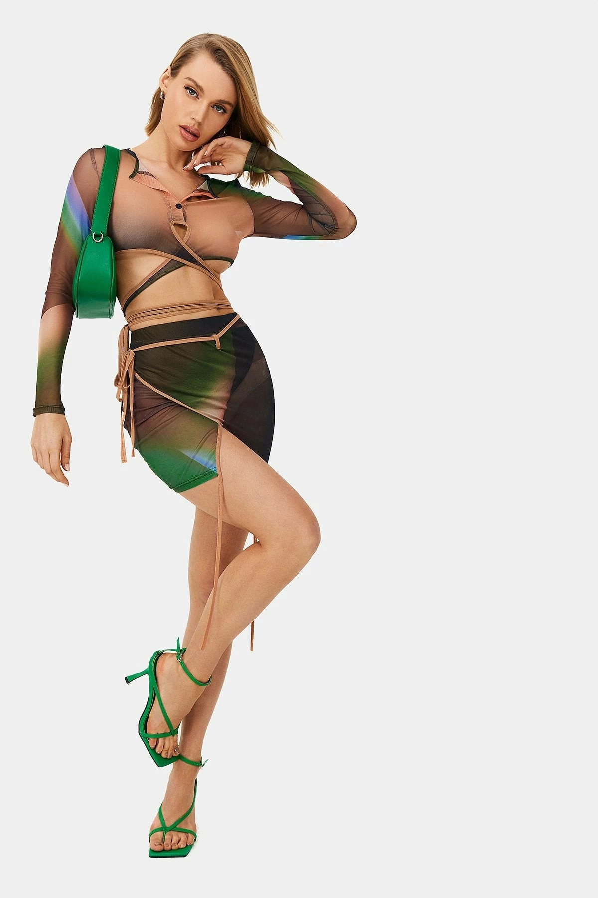 SOLADO Lapel Neck Tie Crop Top & Abstract Print Mesh Skirt Set 6 SOLADO Lapel Neck Tie Crop Top & Abstract Print Mesh Skirt Set - Image 6