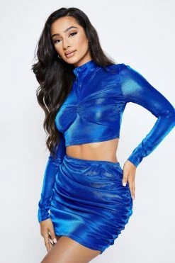 SOLADO Lurex Mock Neck Crop Top & Bodycon Skirt Set