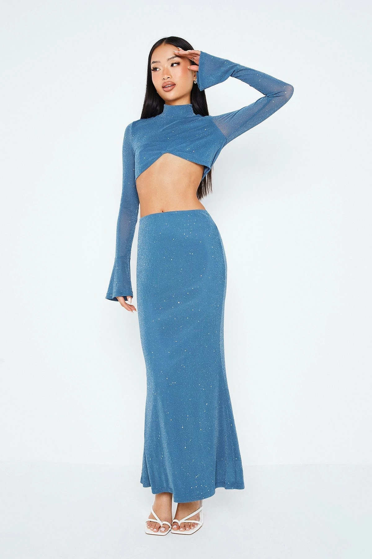 SOLADO Asymmetrical Hem Crop Top & Glitter Mermaid Skirt Set 2 SOLADO Asymmetrical Hem Crop Top & Glitter Mermaid Skirt Set - Image 2