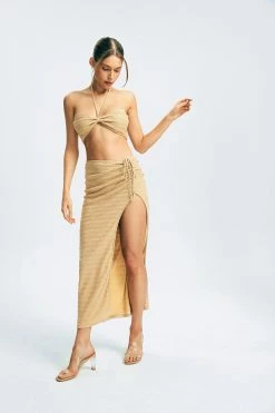 Solado Textured Halter Neck Corset Top & Split Thigh Maxi Skirt Set
