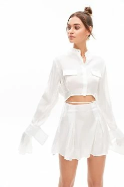Solado Flared Sleeve Crop Top & Solid Pleated Skirt Set