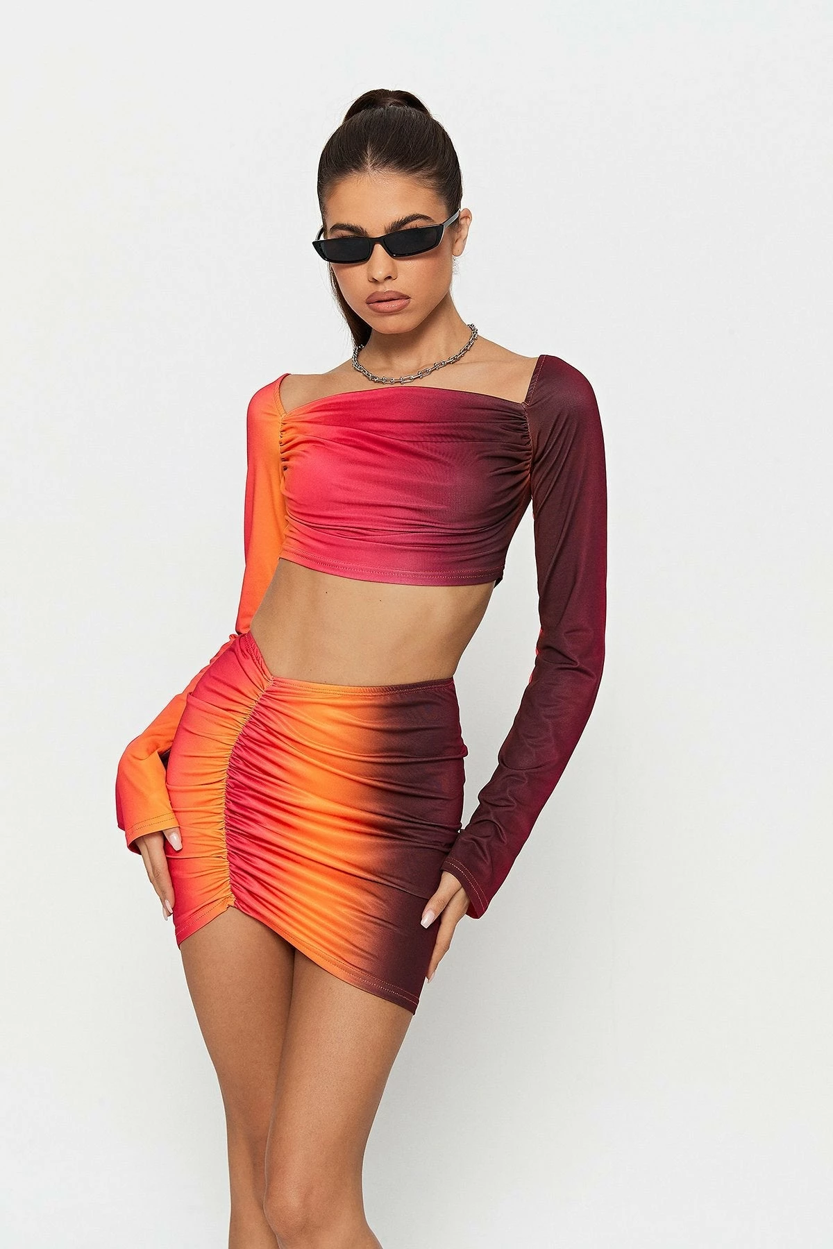Solado Square Neck Gradient Long Sleeve Top & Ruched Skirt Set 1 Solado Square Neck Gradient Long Sleeve Top & Ruched Skirt Set