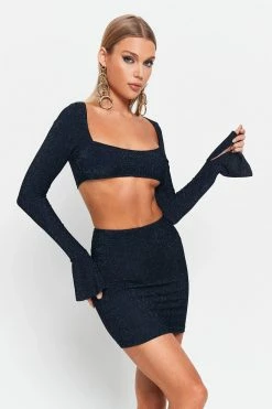 Alternative view of SOLADO Square Neck Split Cuff Flared Sleeve Glitter Crop Top