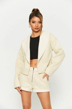 Solado Lapel Neck Fluffy Trim Long Sleeve Coat