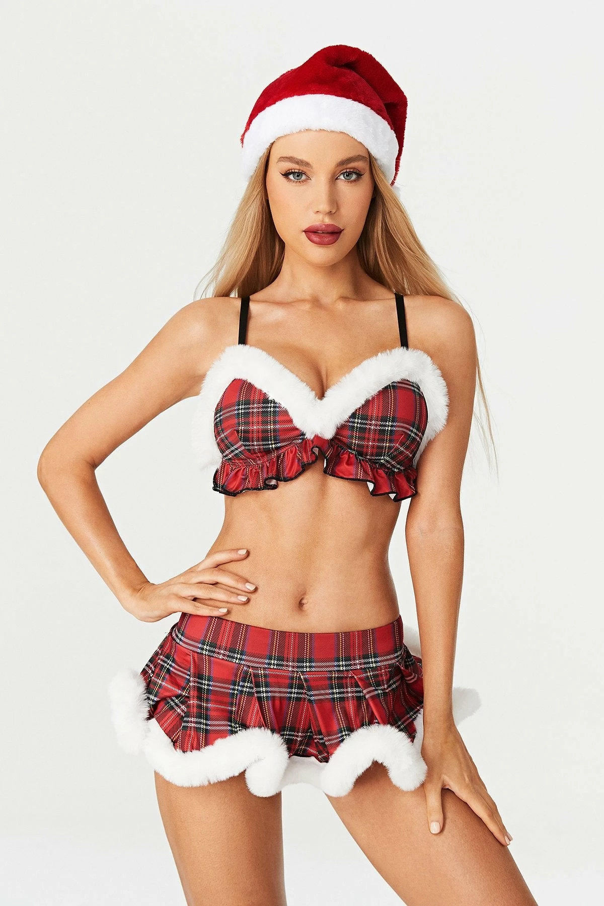 Solado Fluffy Trim Bralette & Low Waist Check Print Skirt Set 2 Solado Fluffy Trim Bralette & Low Waist Check Print Skirt Set - Image 2
