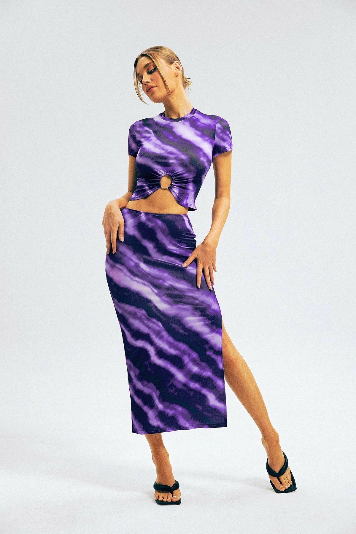 Solado Tie Dye Short Sleeve Top & Side Split Midi Skirt Set 1 Solado Tie Dye Short Sleeve Top & Side Split Midi Skirt Set