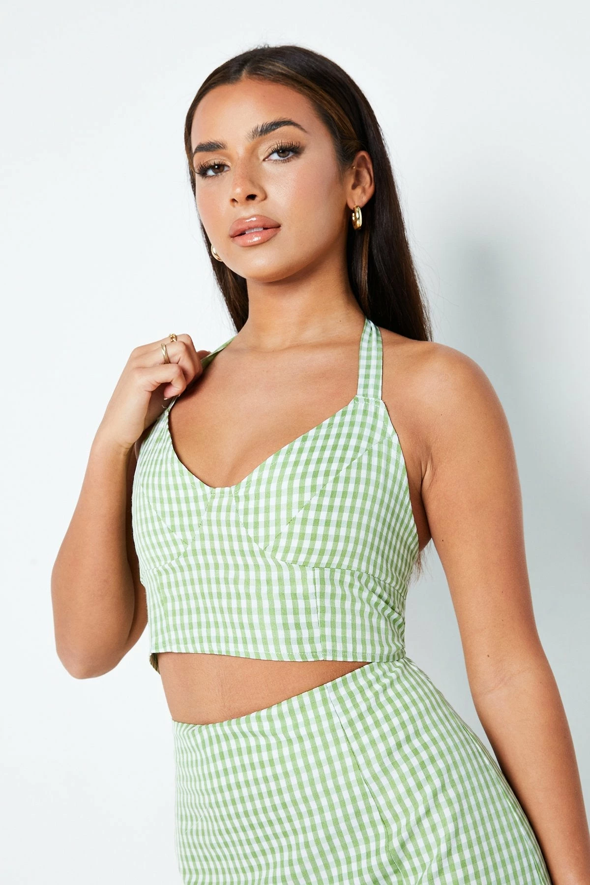 Solado Halter Neck Check Print Crop Top & Split Hem Skirt Set 5 Solado Halter Neck Check Print Crop Top & Split Hem Skirt Set - Image 5