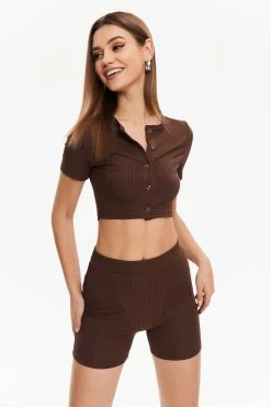 Solado Button Front Crop Top & Ribbed Shorts Set
