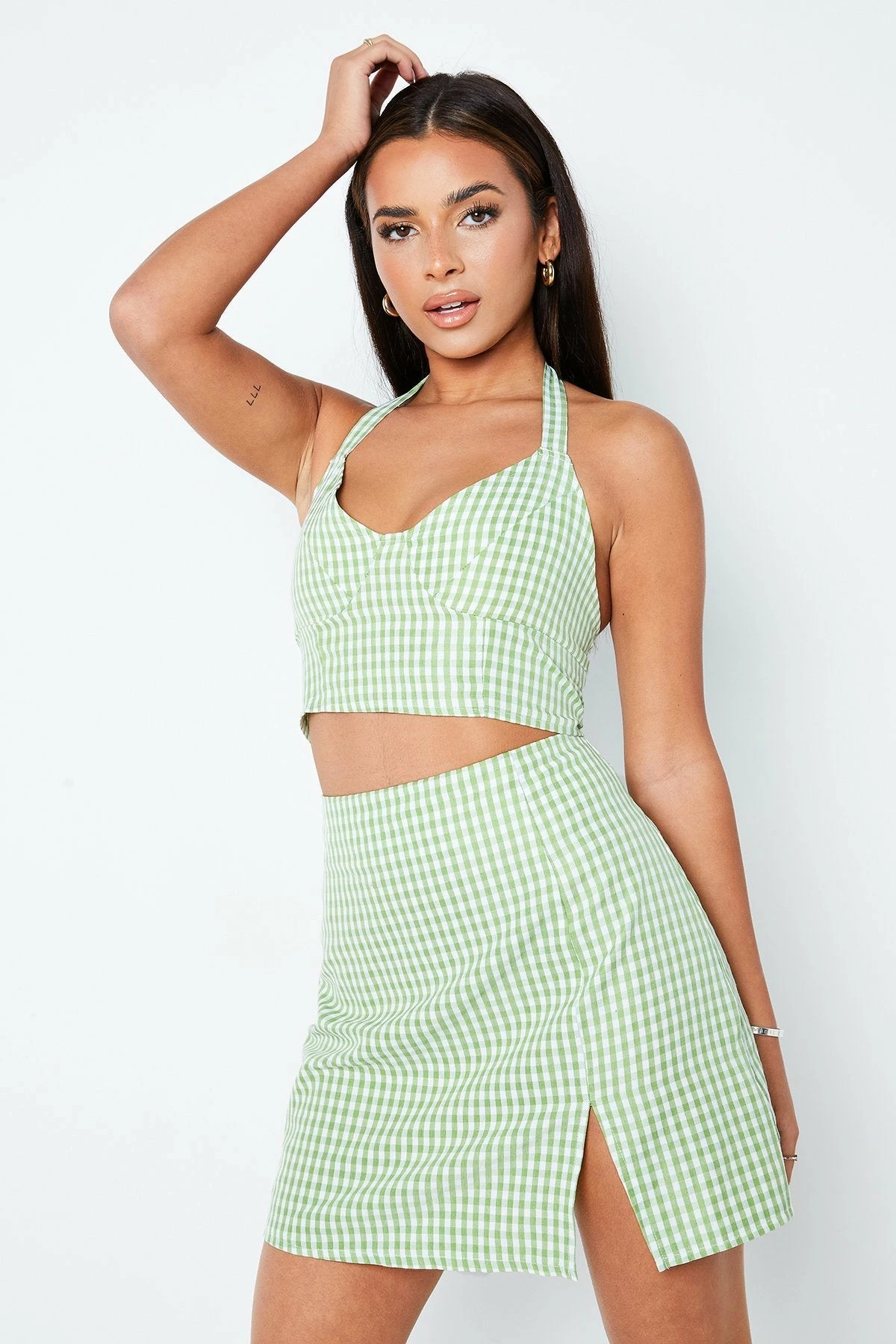 Solado Halter Neck Check Print Crop Top & Split Hem Skirt Set 2 Solado Halter Neck Check Print Crop Top & Split Hem Skirt Set - Image 2
