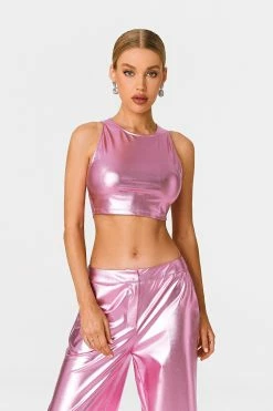 SOLADO Vinyl Sleeveless Cinched Waist Sheen Crop Top