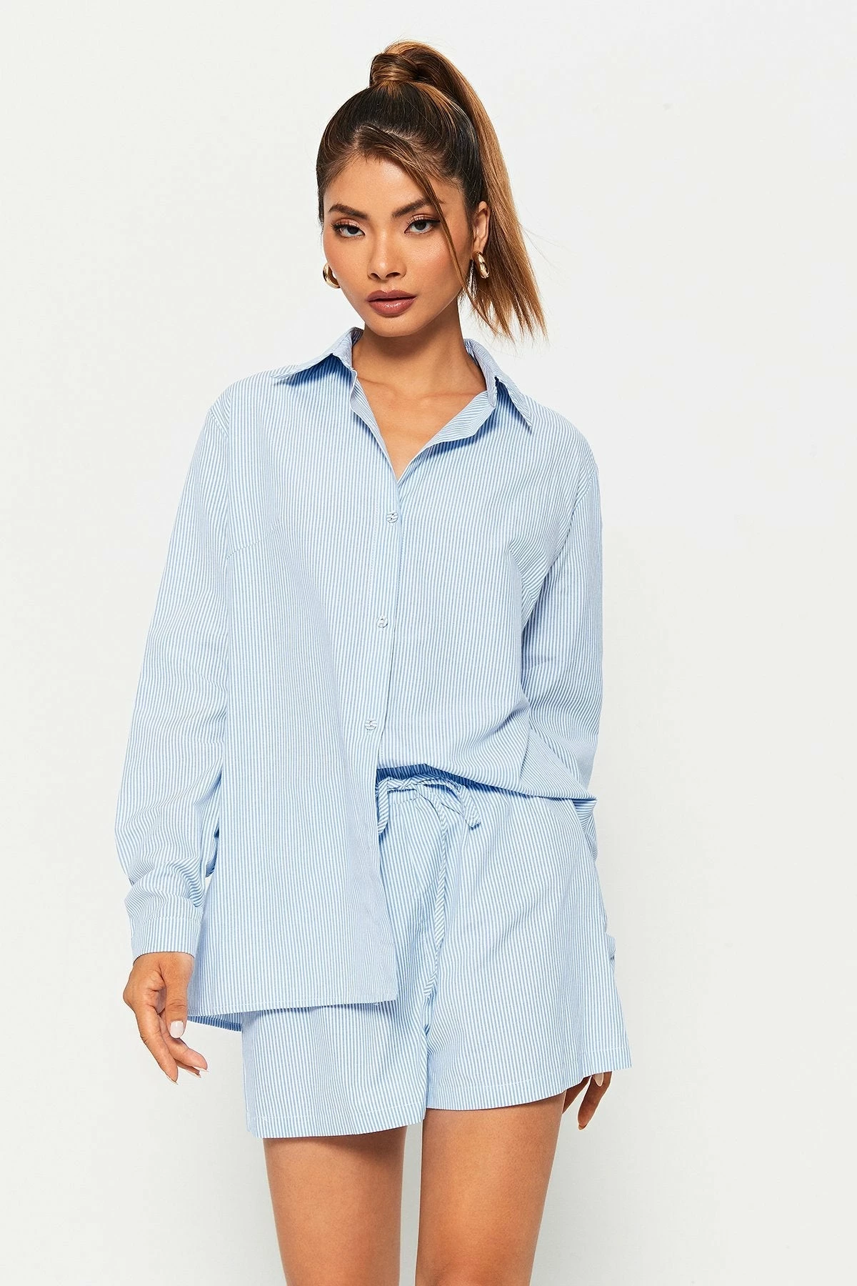 Solado Lapel Neck Long Sleeve Shirt & Stripe Print Shorts Set 4 Solado Lapel Neck Long Sleeve Shirt & Stripe Print Shorts Set - Image 4