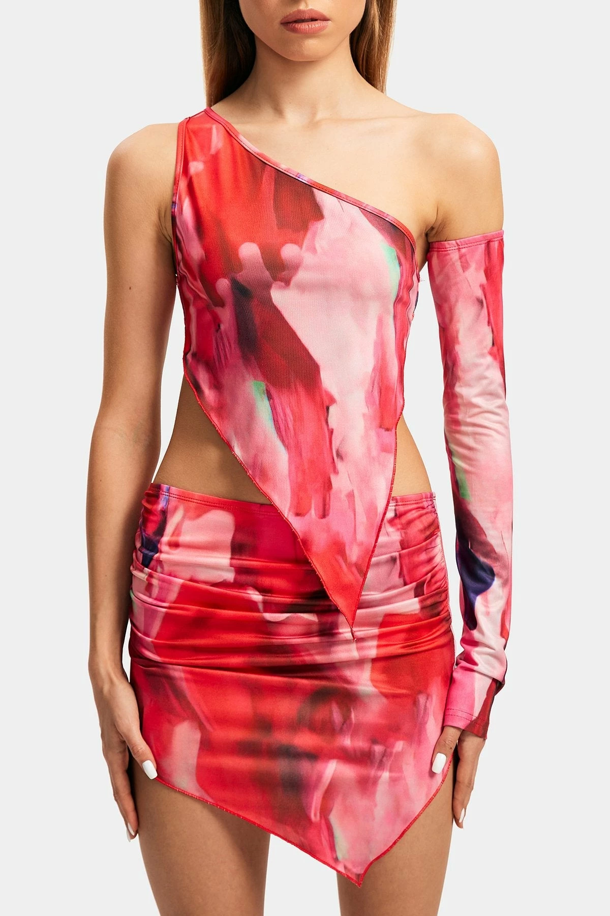 SOLADO One Sleeve Abstract Print Top & Asymmetrical Hem Skirt Set 6 SOLADO One Sleeve Abstract Print Top & Asymmetrical Hem Skirt Set - Image 6