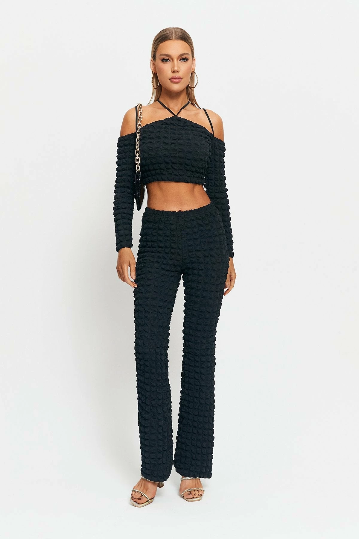 SOLADO Halter Neck Cold Shoulder Bubble Textured Crop Top 5 SOLADO Halter Neck Cold Shoulder Bubble Textured Crop Top - Image 5