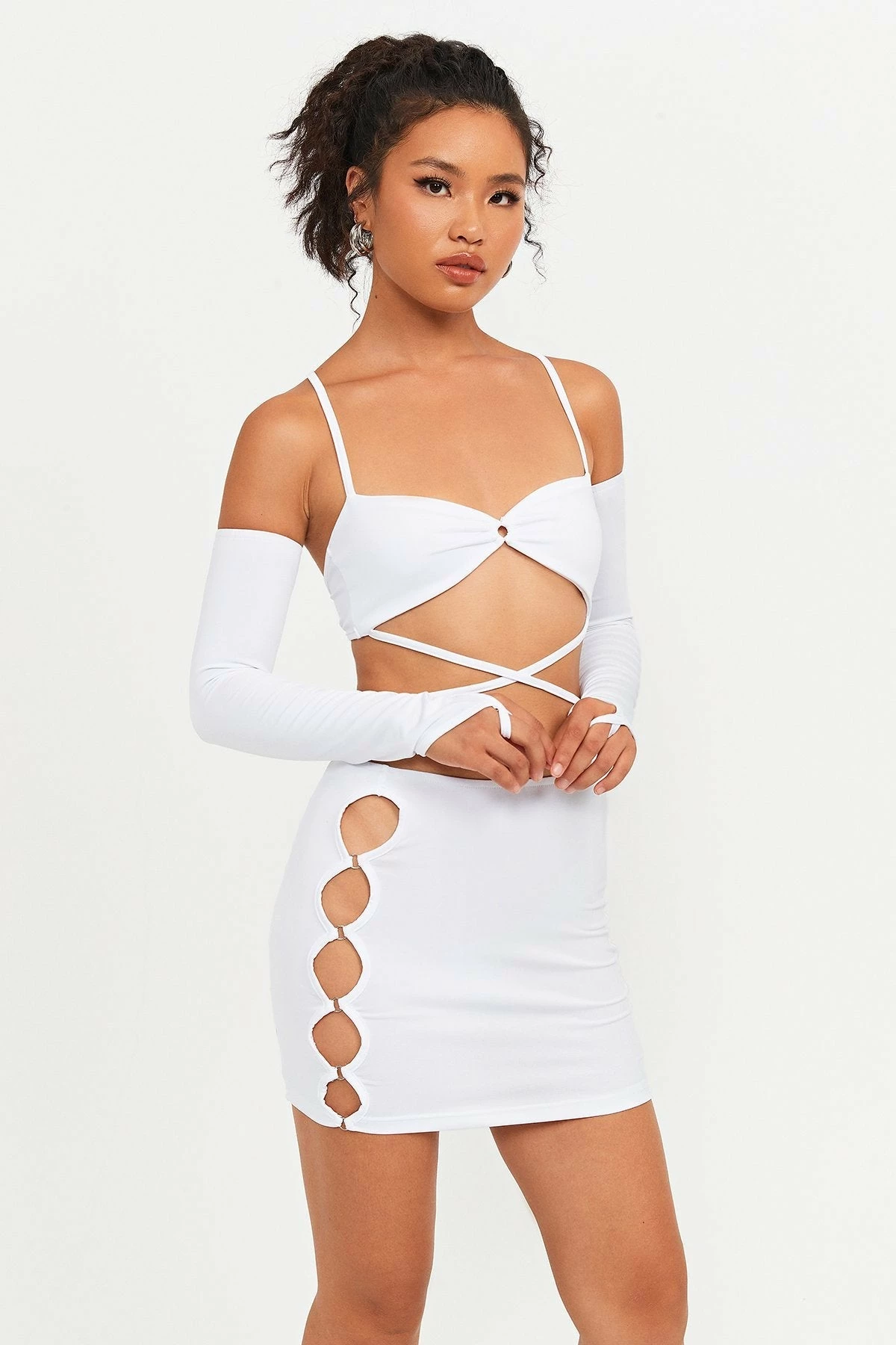 Solado Cross Tie Backless Crop Top & Cut Out Skirt Set With Oversleeve 1 Solado Cross Tie Backless Crop Top & Cut Out Skirt Set With Oversleeve