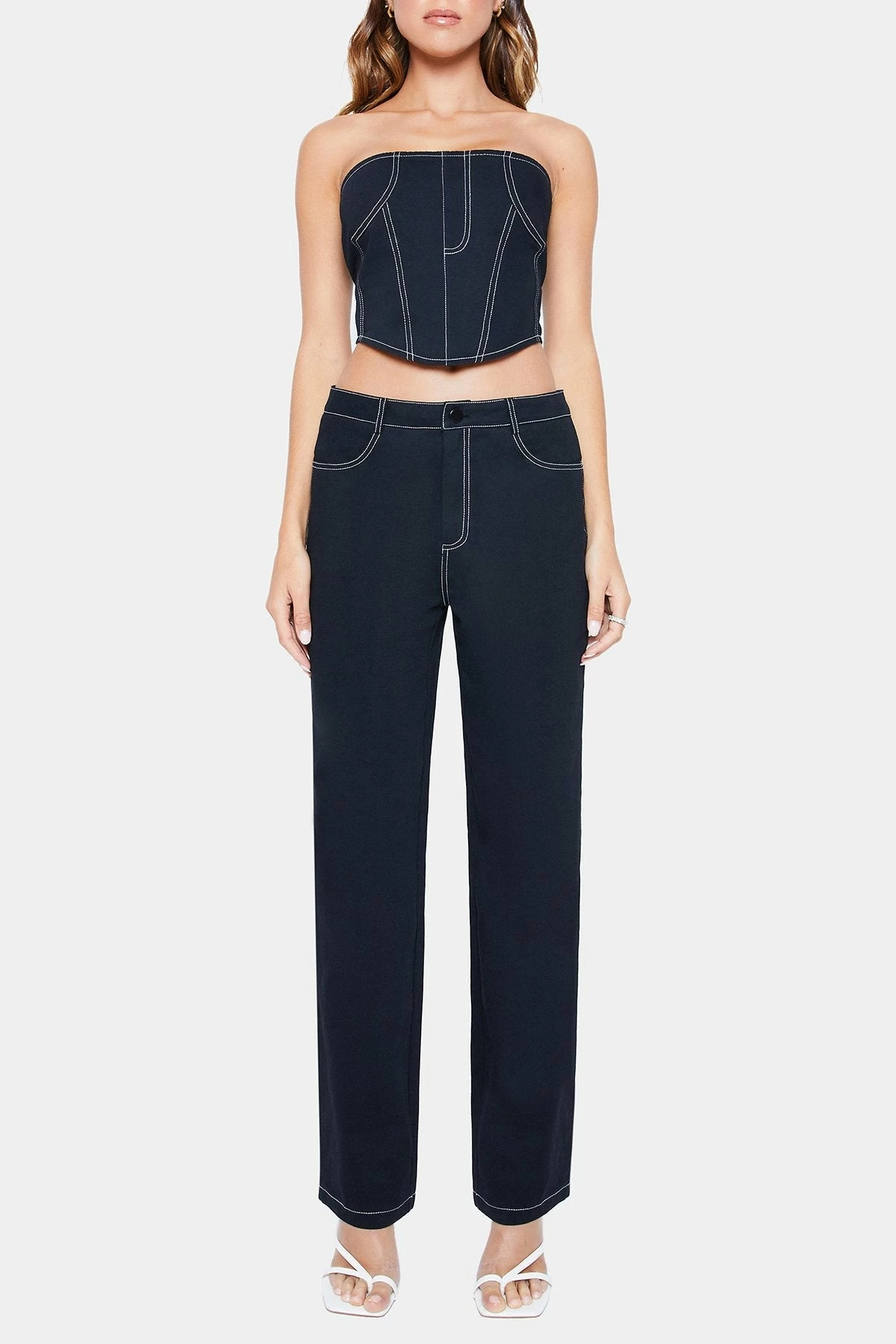 SOLADO Off Shoulder Top-stitching Crop Top & Low Waist Pants Set 6 SOLADO Off Shoulder Top-stitching Crop Top & Low Waist Pants Set - Image 6