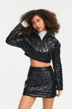 SOLADO Stand Neck Quilted Vinyl Crop Padded Coat