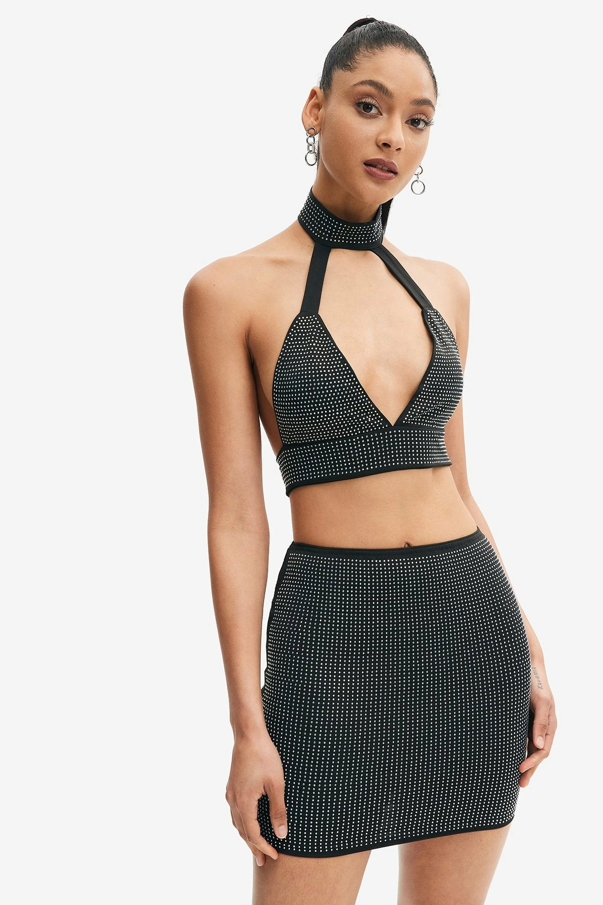 Solado Plunging Neck Backless Crop Top & Rhinestone Decor Skirt Set 1 Solado Plunging Neck Backless Crop Top & Rhinestone Decor Skirt Set