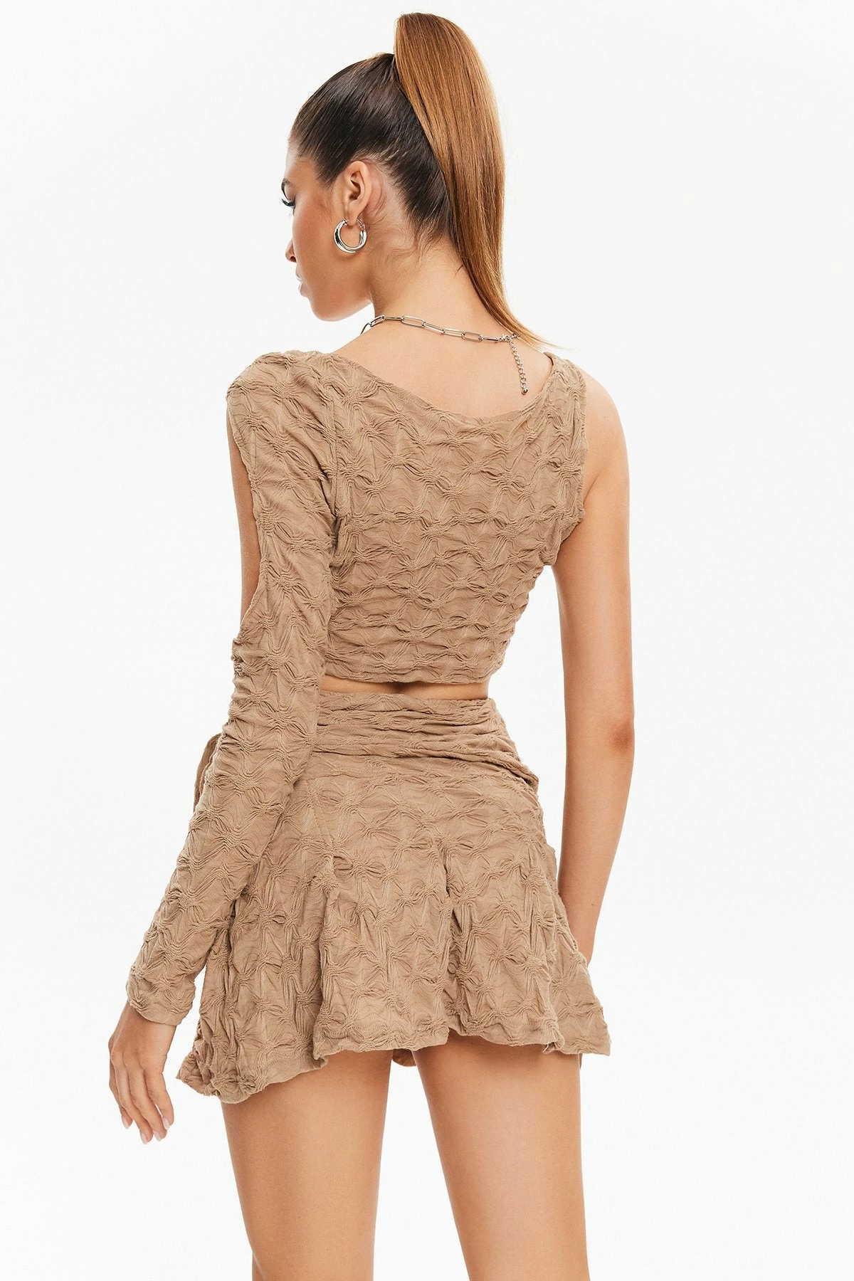 Solado Cut Out One Sleeve Crop Top & Texture Skirt Set With Belt 2 Solado Cut Out One Sleeve Crop Top & Texture Skirt Set With Belt - Image 2