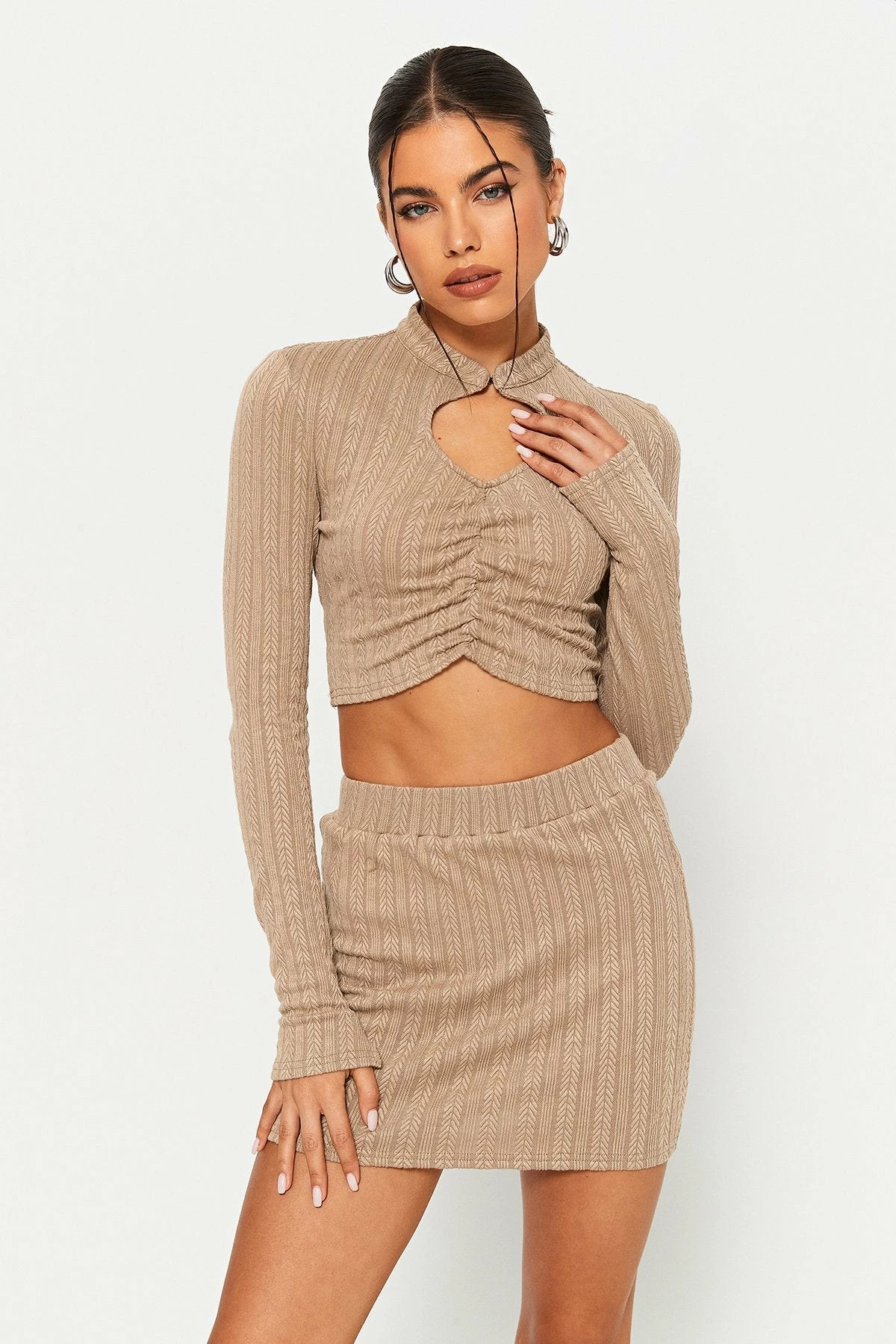 SOLADO Cut Out Ruched Long Sleeve Top & Knitted Skirt Set 1 SOLADO Cut Out Ruched Long Sleeve Top & Knitted Skirt Set