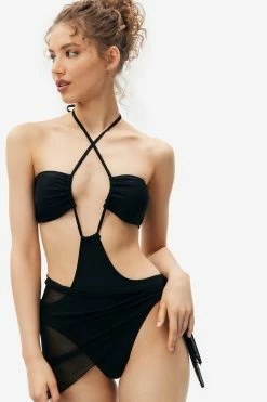Solado Halter Neck Drawstring Cut Out One-piece Swimsuit With Mesh Cover Up