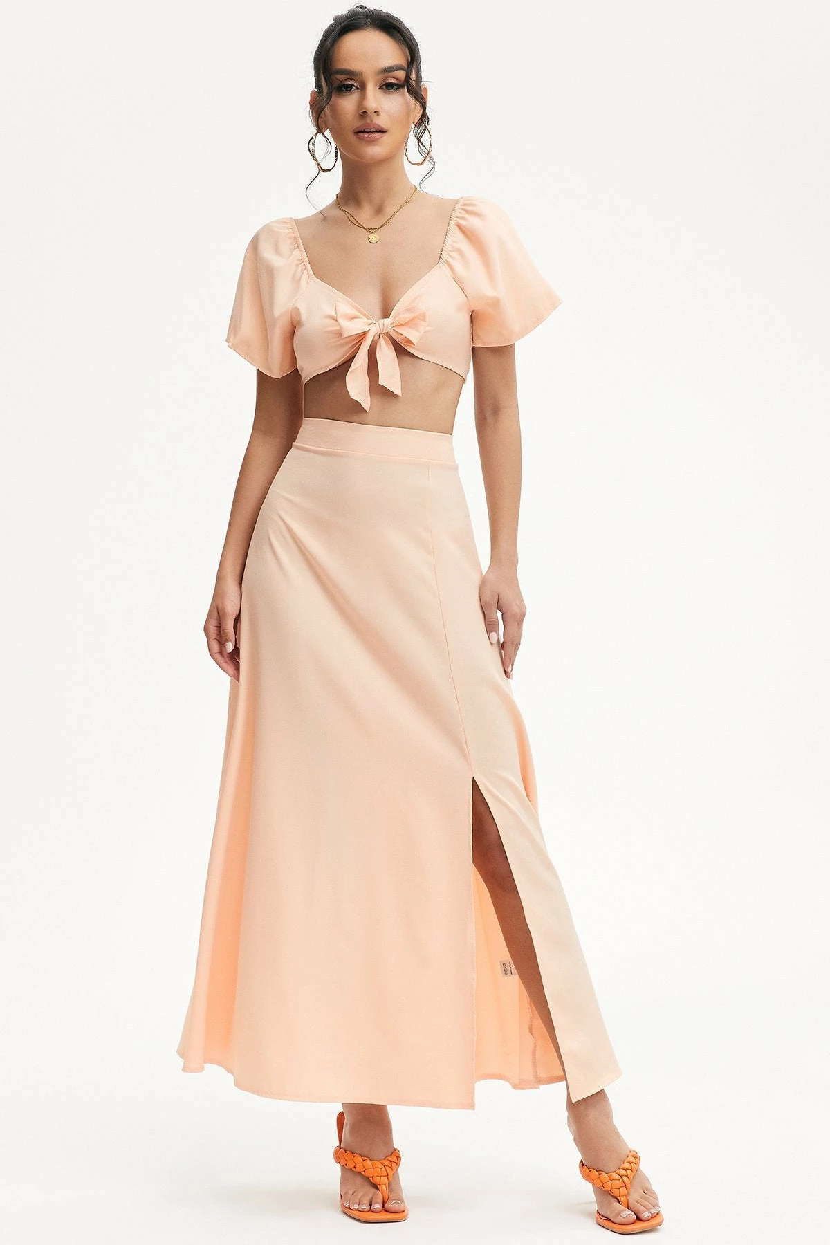Solado Tie Detail Short Sleeve Crop Top & Split Hem Skirt Set 1 Solado Tie Detail Short Sleeve Crop Top & Split Hem Skirt Set