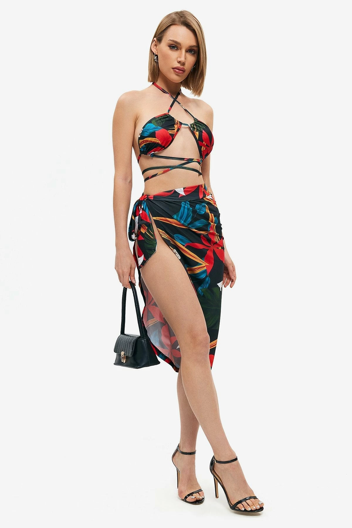 Solado Floral Print Cross Tie Backless Corset Tops & Split Hem Skirt Set 3 Solado Floral Print Cross Tie Backless Corset Tops & Split Hem Skirt Set - Image 3
