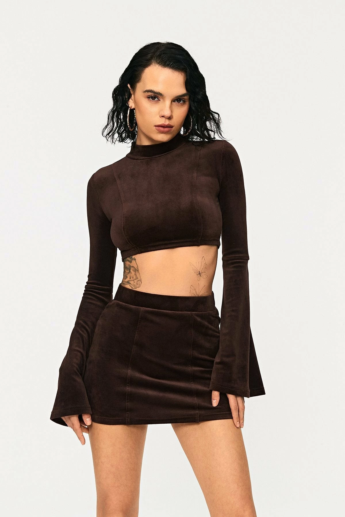 SOLADO Velvet Mock Neck Flared Sleeve Crop Top 2 SOLADO Velvet Mock Neck Flared Sleeve Crop Top - Image 2