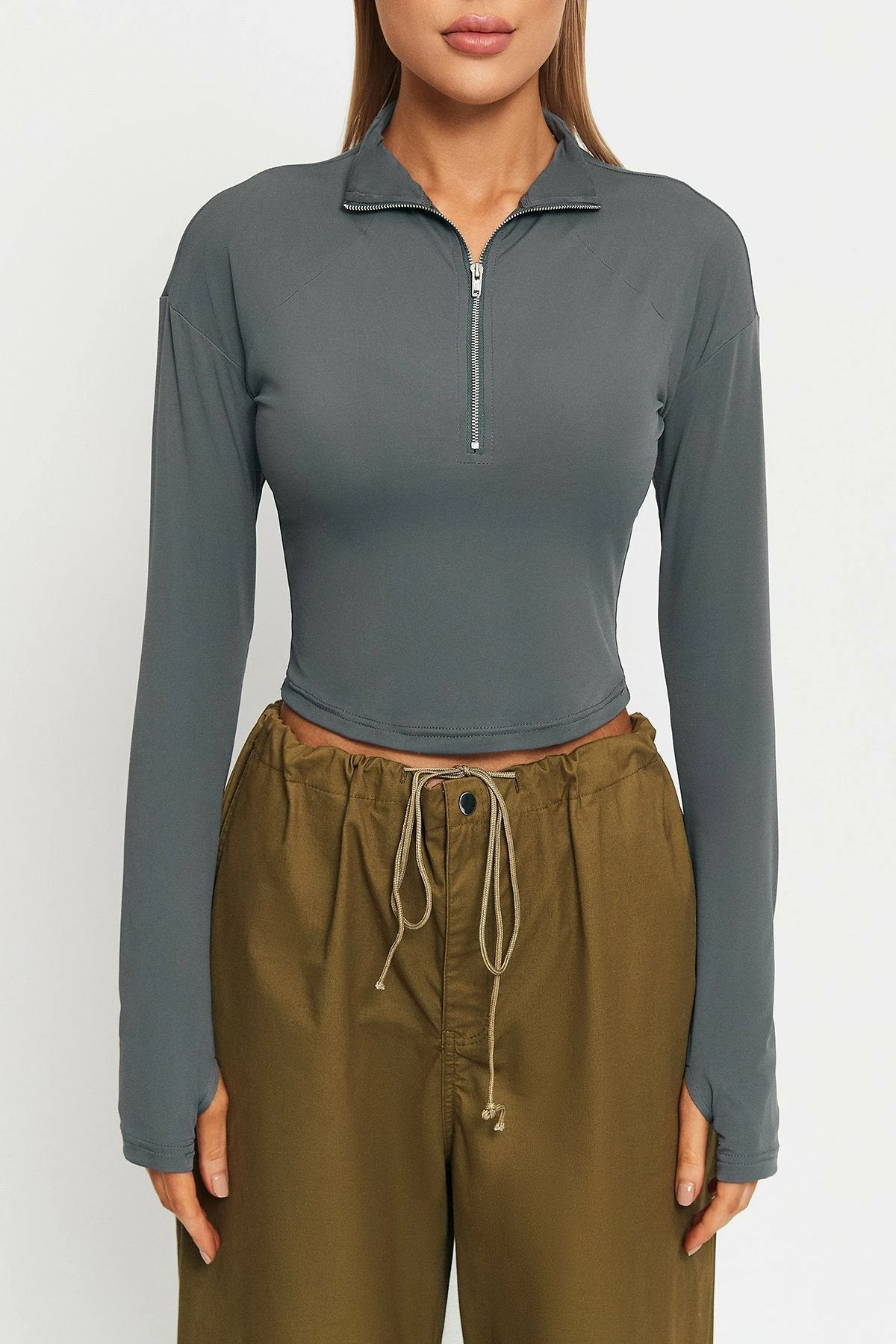 SOLADO Half Zipper Thumb Hole Long Sleeve Crop Top 6 SOLADO Half Zipper Thumb Hole Long Sleeve Crop Top - Image 6