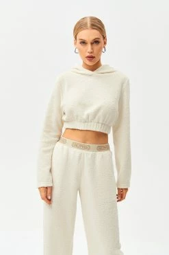 SOLADO Fluffy Cinched Waist Long Sleeve Crop Hoodie