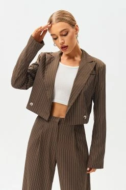 SOLADO Lapel Neck Stripe Print Long Sleeve Crop Blazer